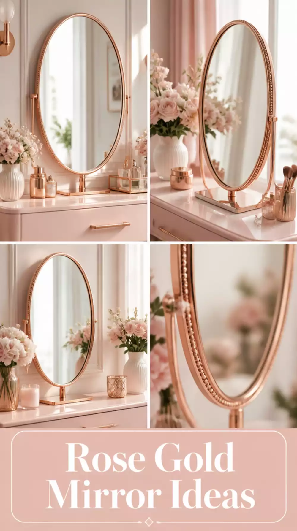 Bathroom Rose Gold Mirror with an Oval Frame Above a Blush Vanity