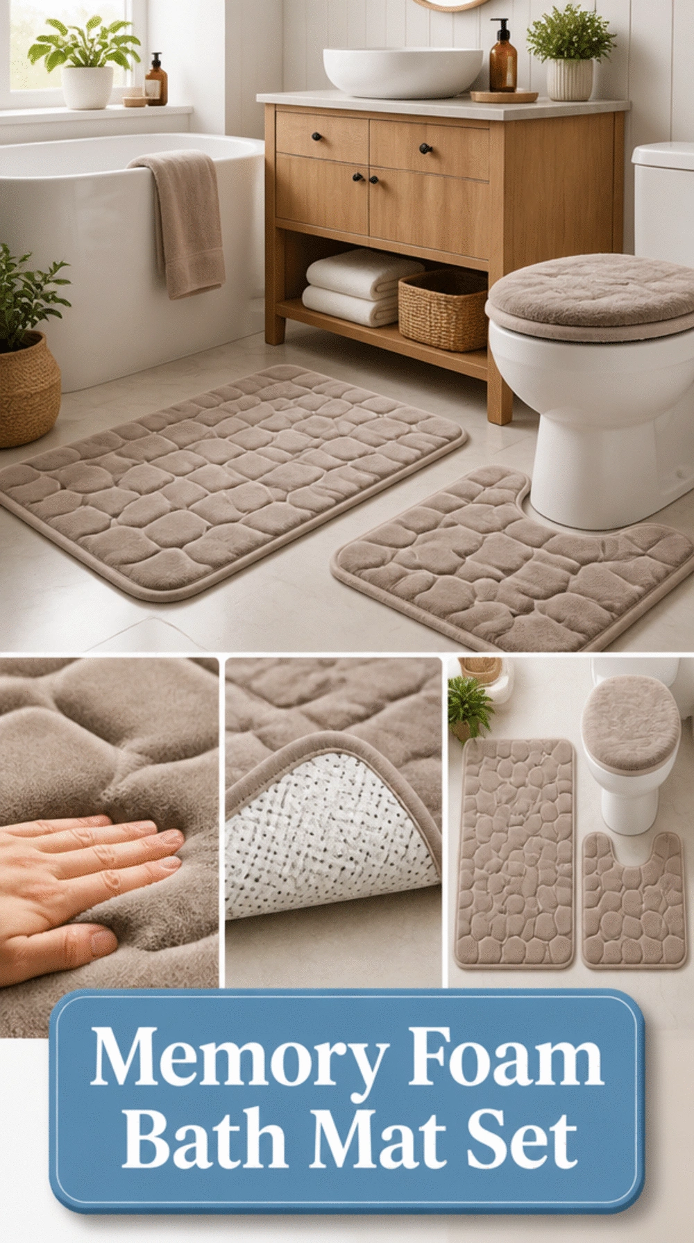 Bathroom Memory Foam Bath Mat Set with a Matching Toilet Lid Cover