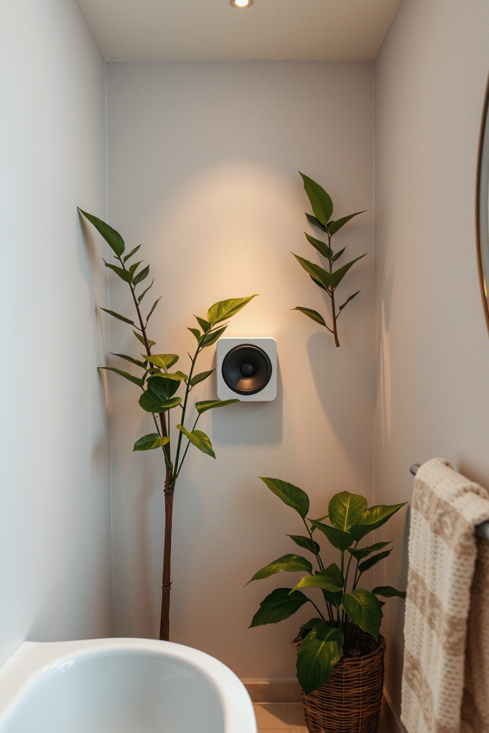 A serene bathroom corner showcasing a perfectly positioned discrete speaker, with lush green plants, soft towels, and warm lighting, illustrating optimal sound distribution and aesthetic integration.