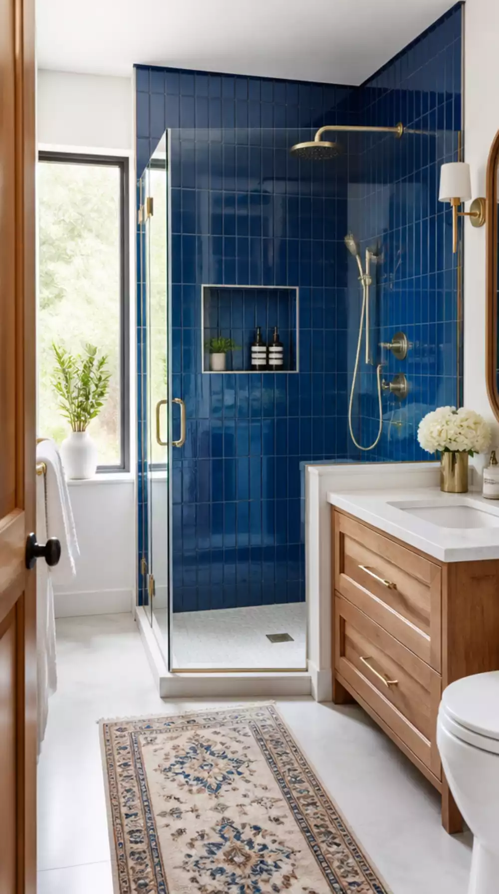 Bathroom Cobalt Blue Glossy Wall Tile That Covers a Full Shower Enclosure