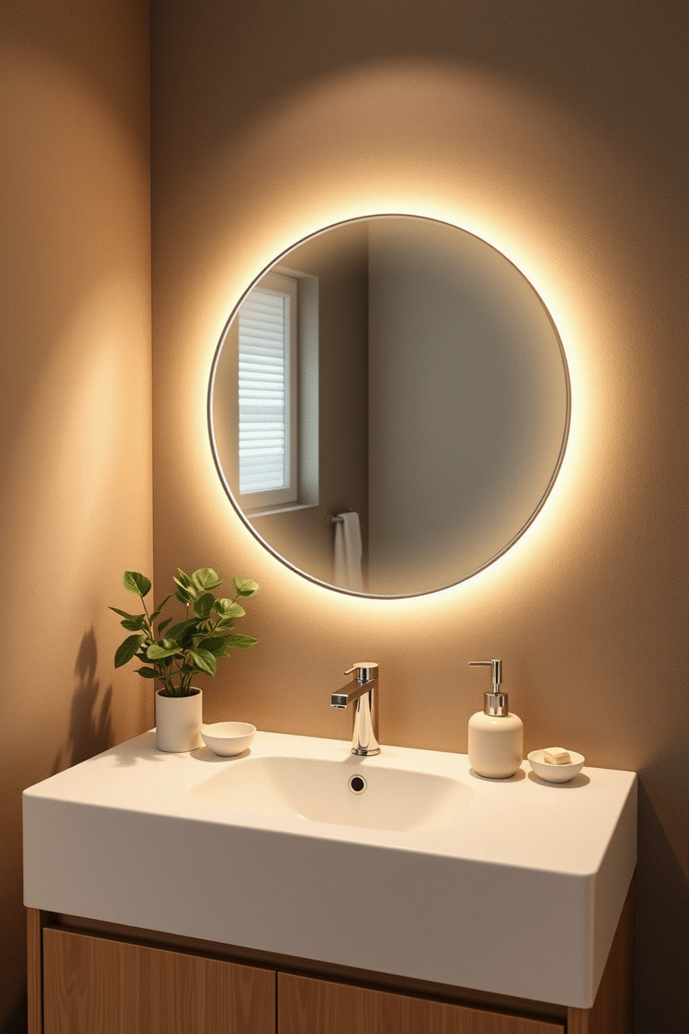 Bathroom vanity with a round, backlit mirror, soft warm lighting, lush green plant, and minimalist ceramic accessories