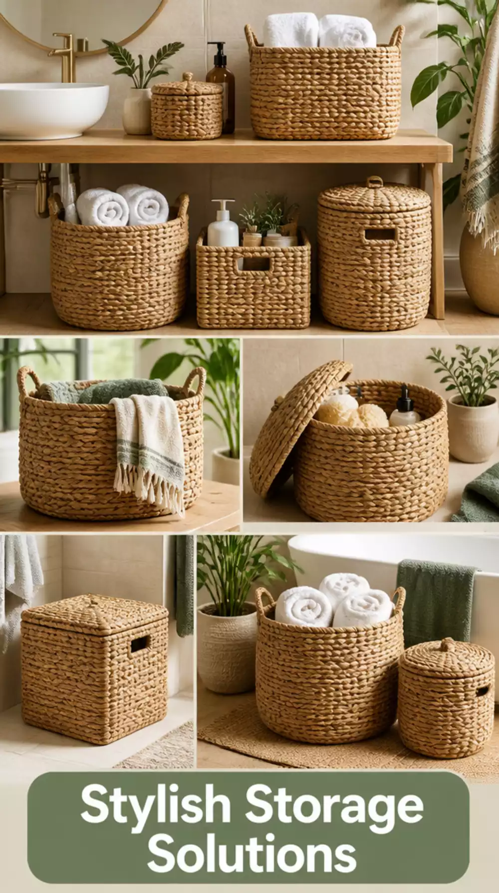 Bathroom Woven Seagrass Storage Basket That Anchors an Earthy Green Room