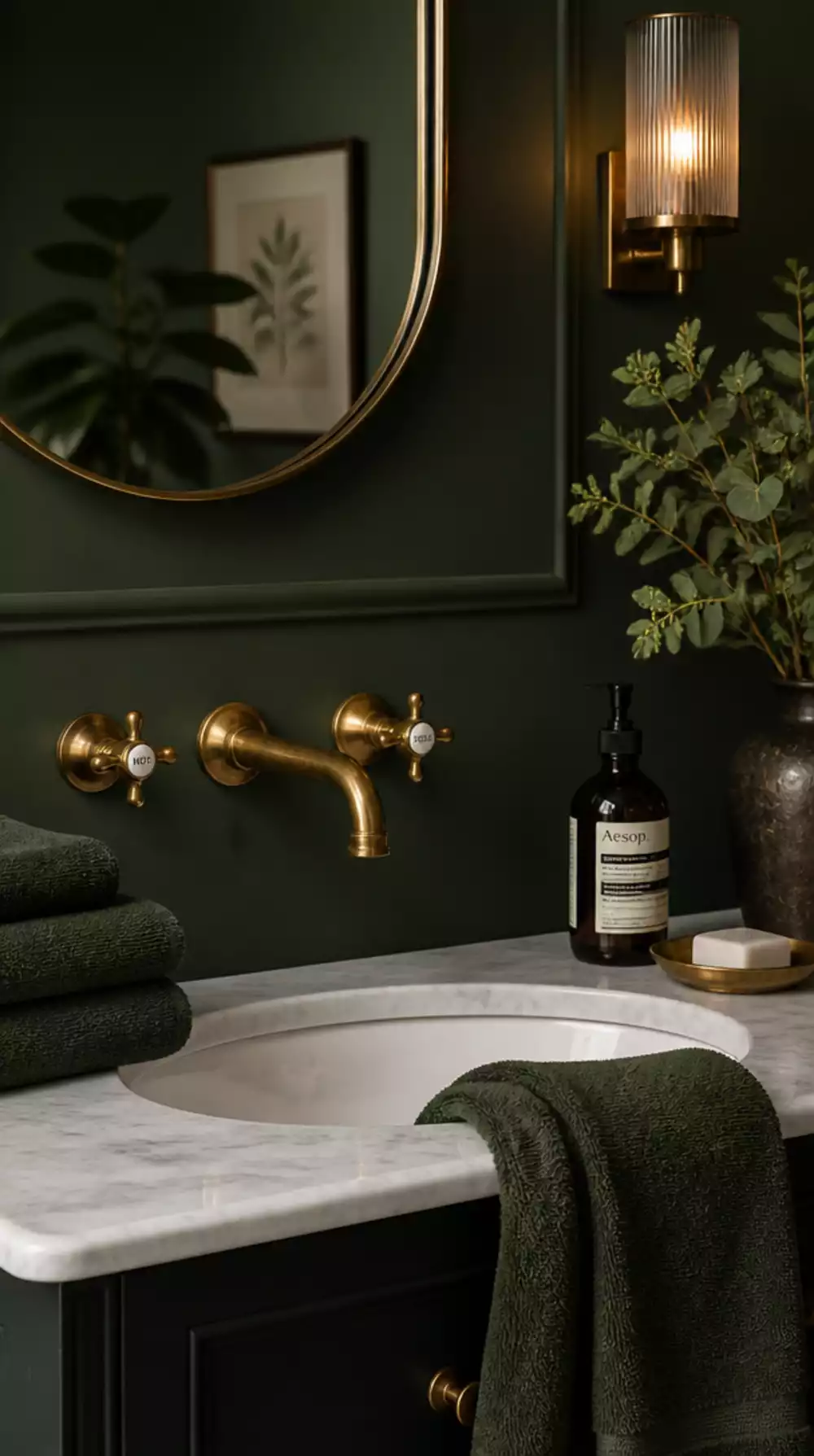 Dark Green Bathroom Antique Brass Tap That Makes Green Walls Look Expensive