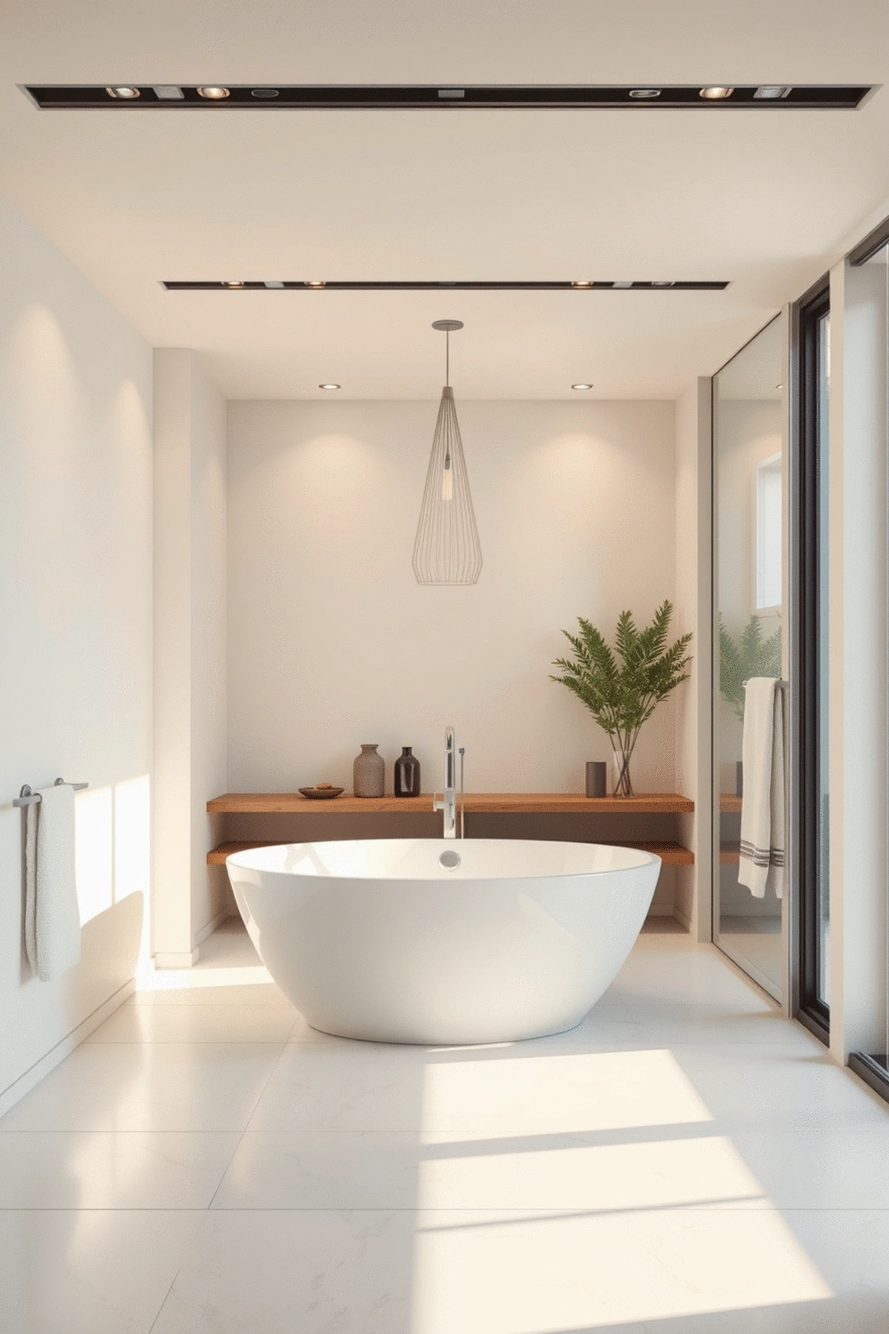 Softly lit modern bathroom interior with warm ambient lighting, no people