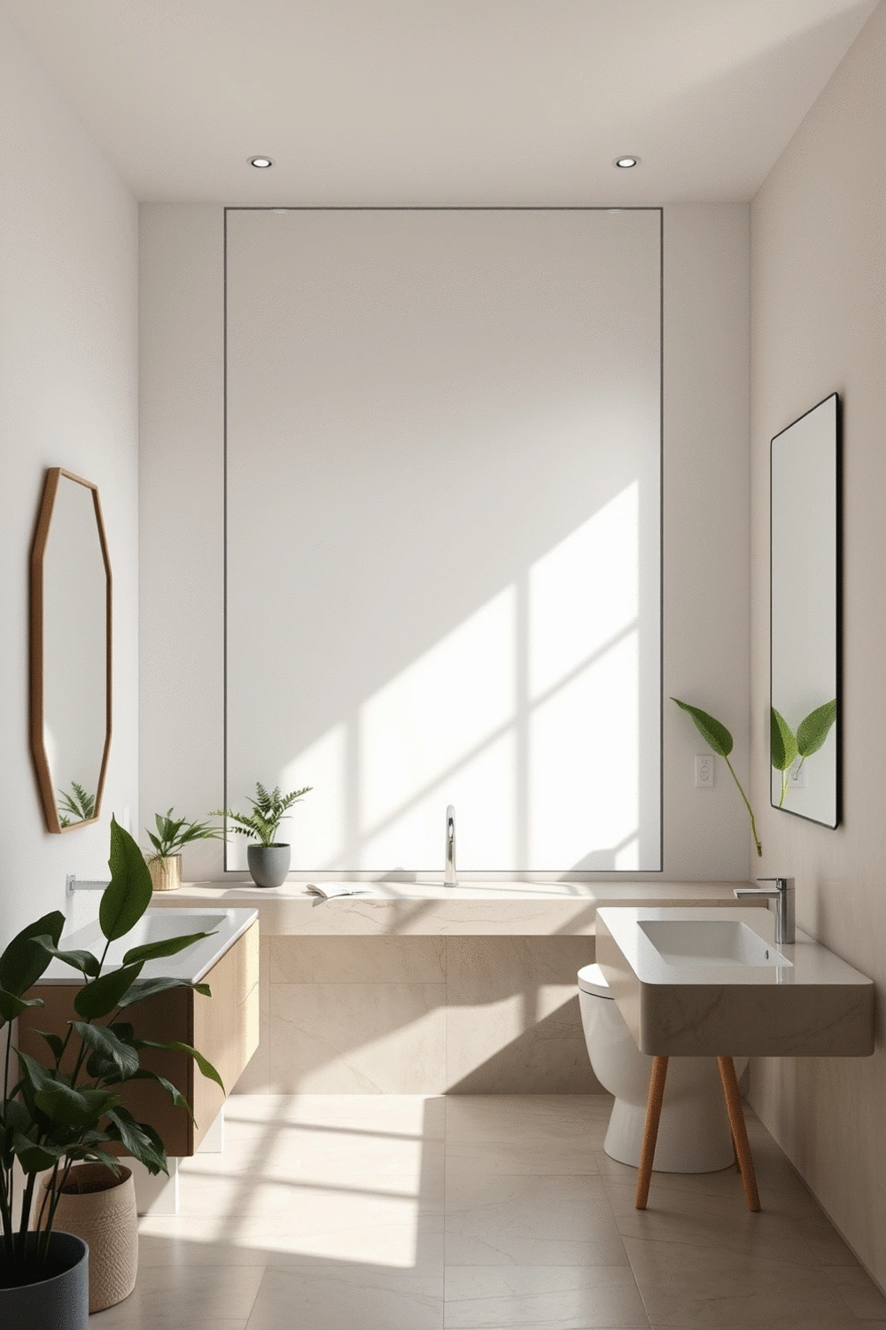 Modern bathroom interior with a large, clean mirror reflecting soft natural light, minimalist design, green plant accents