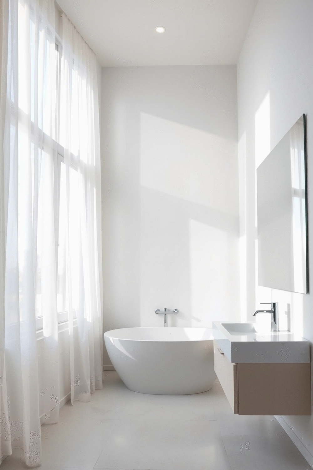 Bright bathroom interior with a large window, sheer white curtains, and a frameless mirror reflecting natural light, light-colored surfaces, no text, no words, no typography, no labels, clean image, no humans, no people, no hands, no body parts
