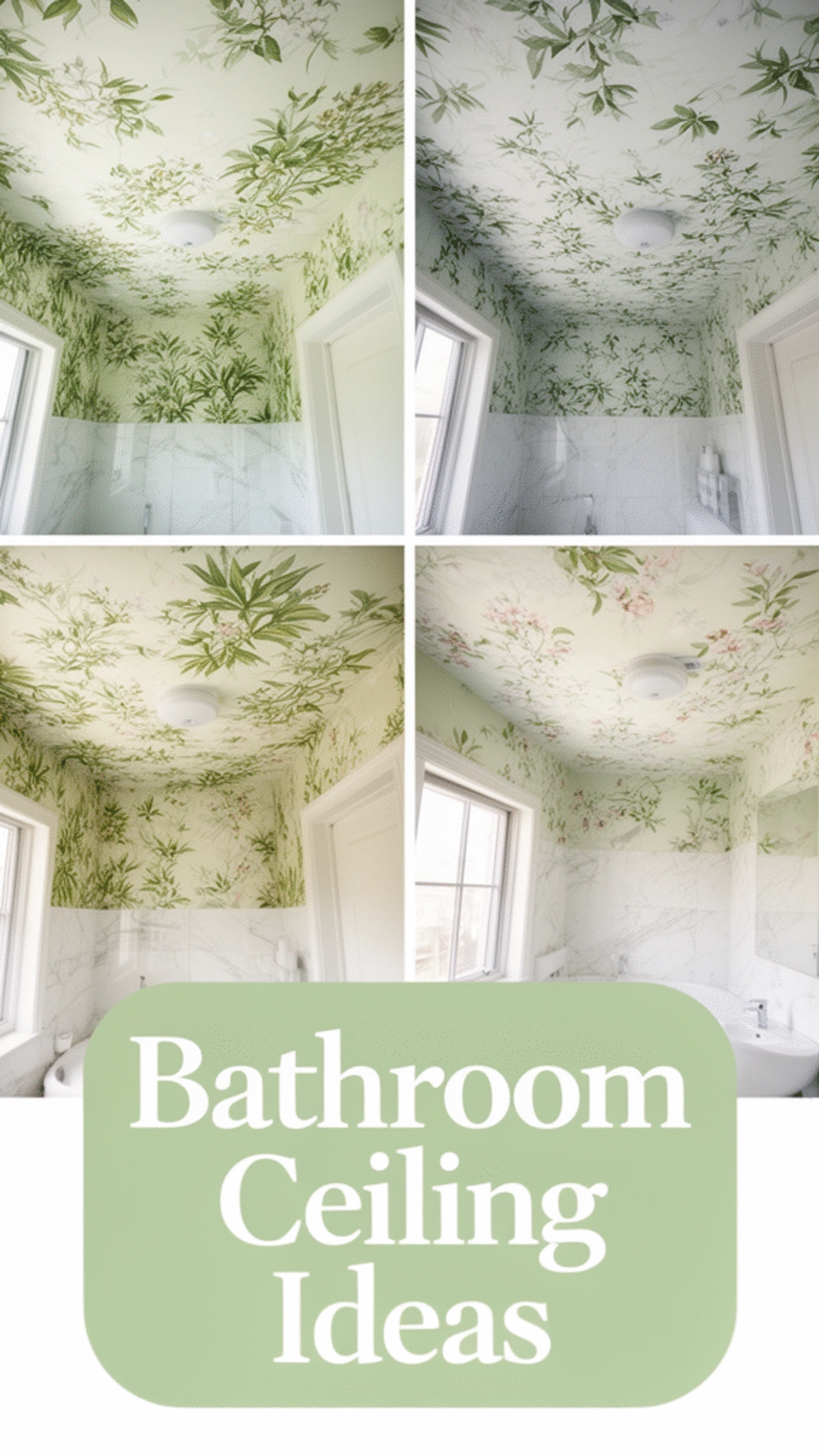 Bathroom Wallpapered Ceiling in a Botanical Print Above a Plain White Room