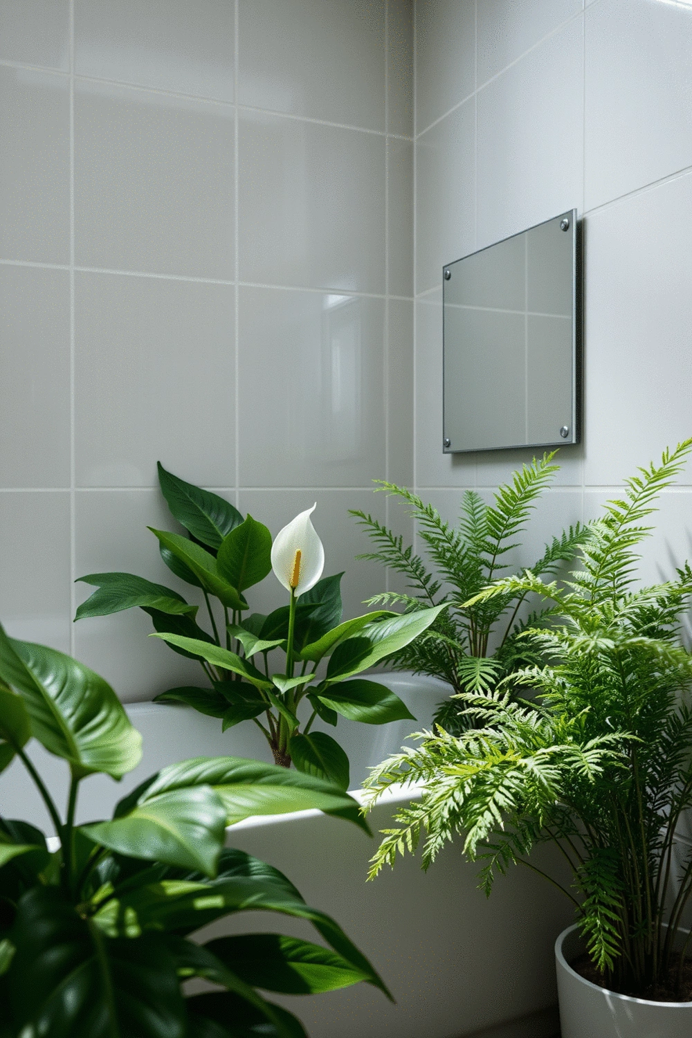 Lush green plants in a humid bathroom setting, peace lily and fern