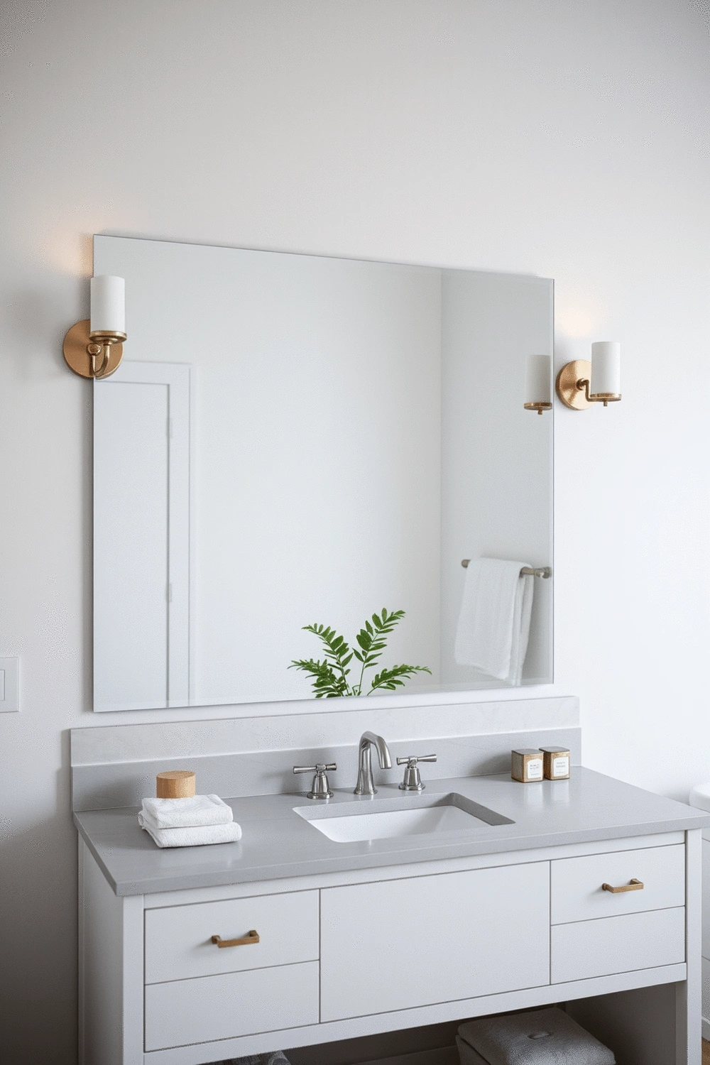 Bathroom vanity with perfectly placed sconces on either side of a large mirror, no people
