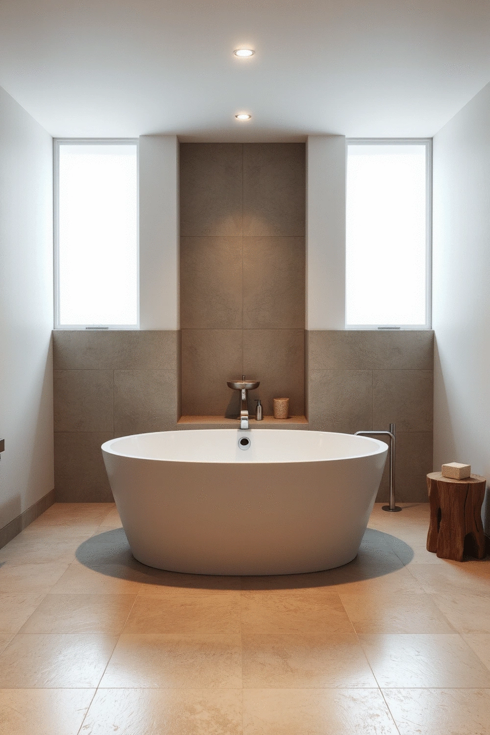 Elegant freestanding soaking tub in a minimalist bathroom with soft, indirect lighting and a small, decorative water fountain nearby