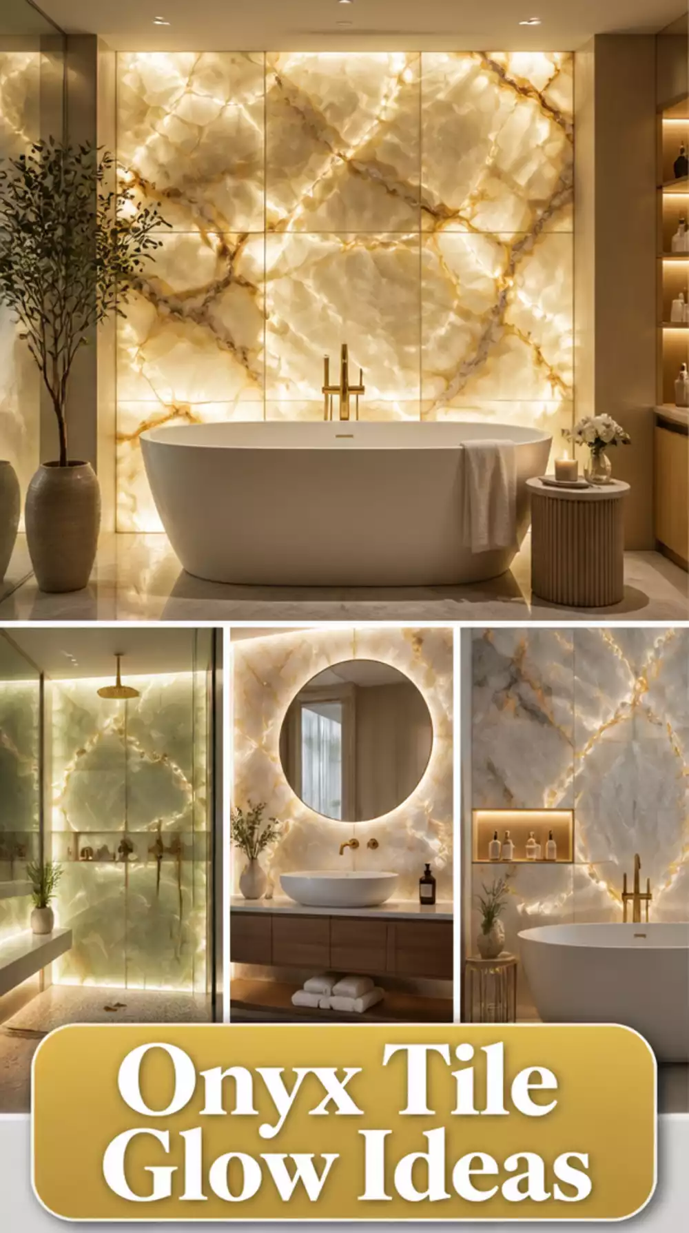 Bathroom Onyx Stone Tile Feature Wall Behind a Freestanding Tub That Glows