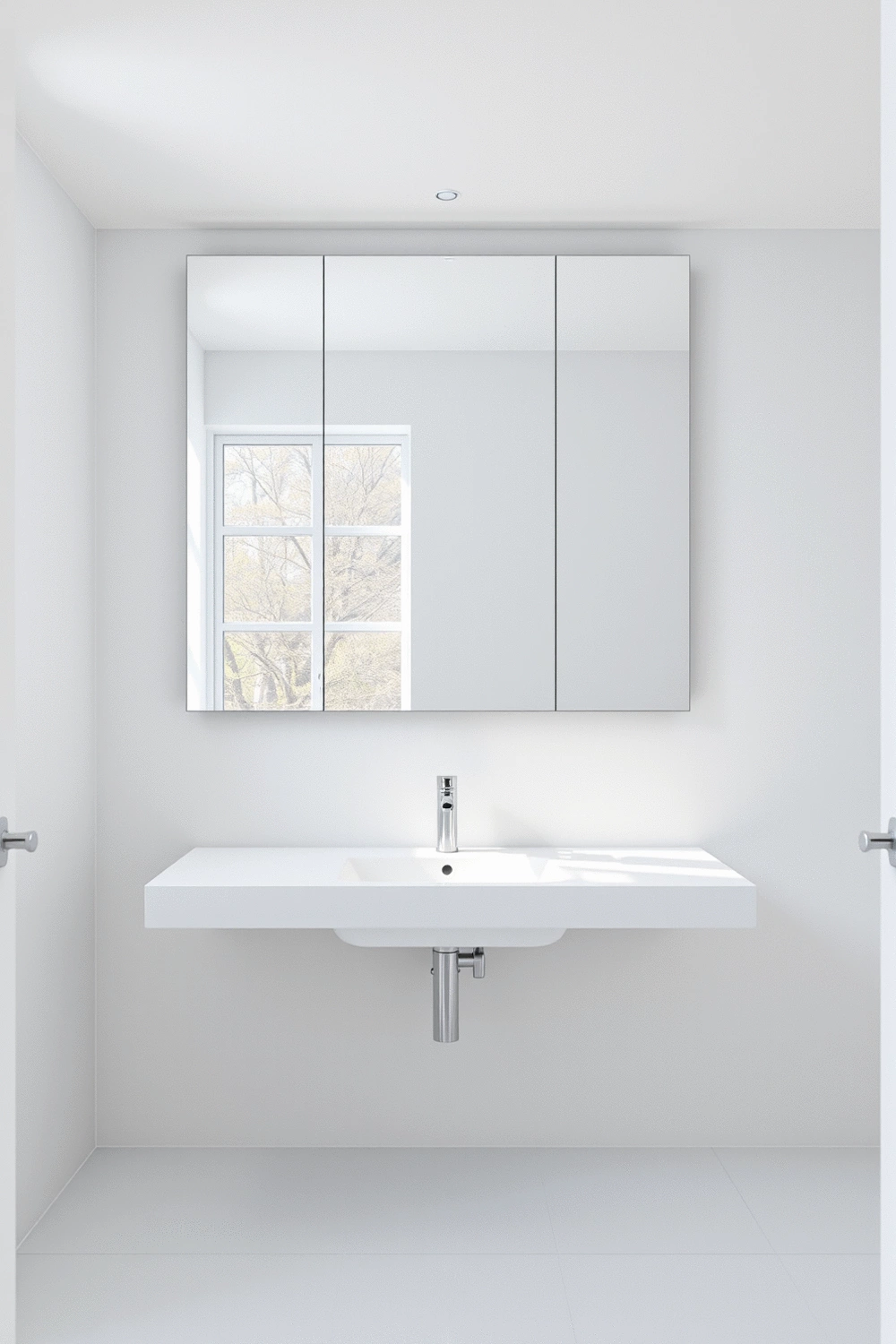 Small bathroom interior with a large, frameless mirror above a minimalist sink, reflecting a bright window, clean lines, white and grey color palette