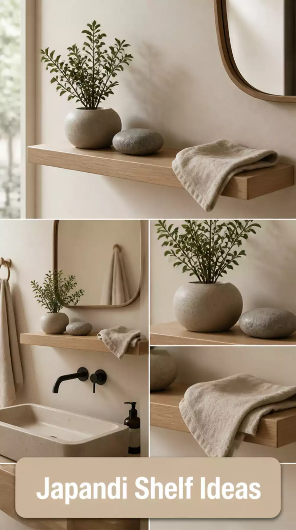 Japandi Bathroom Minimal Shelf with a Single Plant- Stone- and Linen Cloth