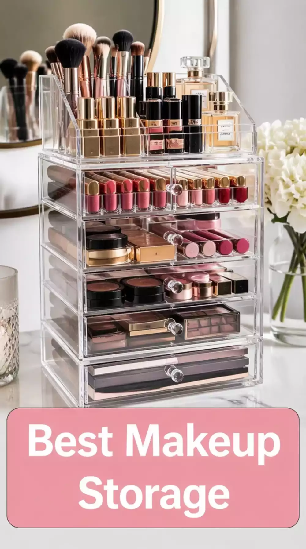 Bathroom Acrylic Makeup Tower That Displays Every Product and Saves Drawer Space