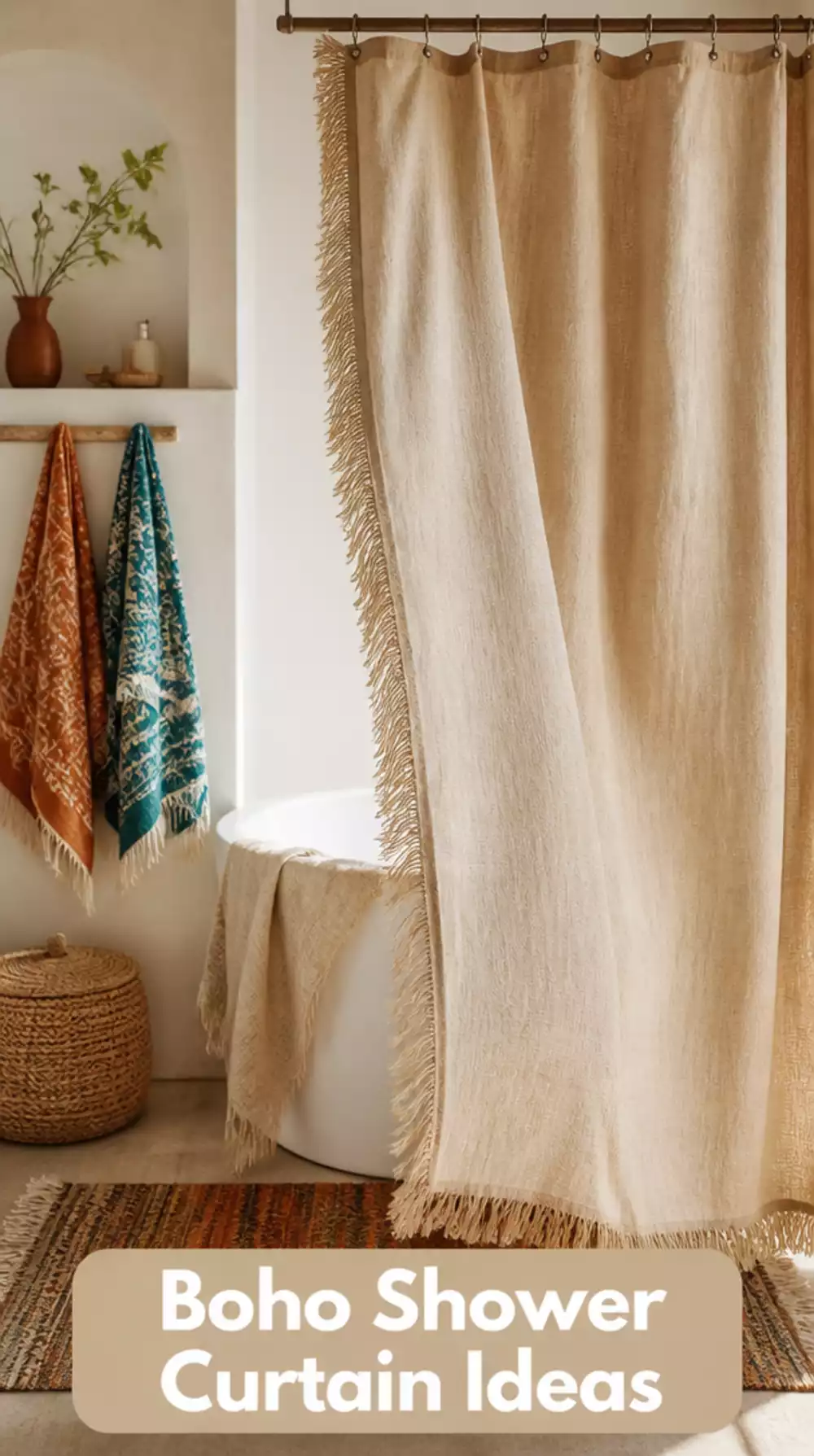 Bathroom Fringed Linen Shower Curtain in Warm Sand for a Layered Boho Look