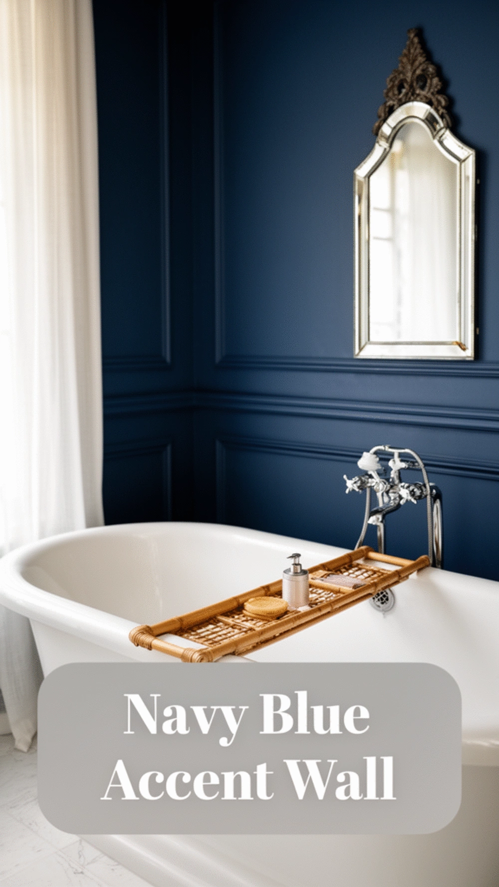 Bathroom Navy Blue Accent Wall Behind a White Freestanding Tub