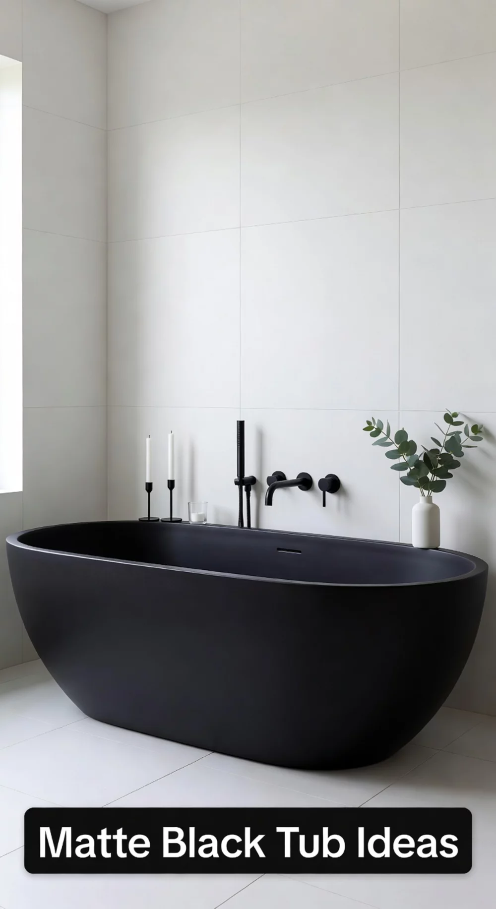 Bathroom Matte Black Freestanding Tub Against a Crisp All-White Tile Wall