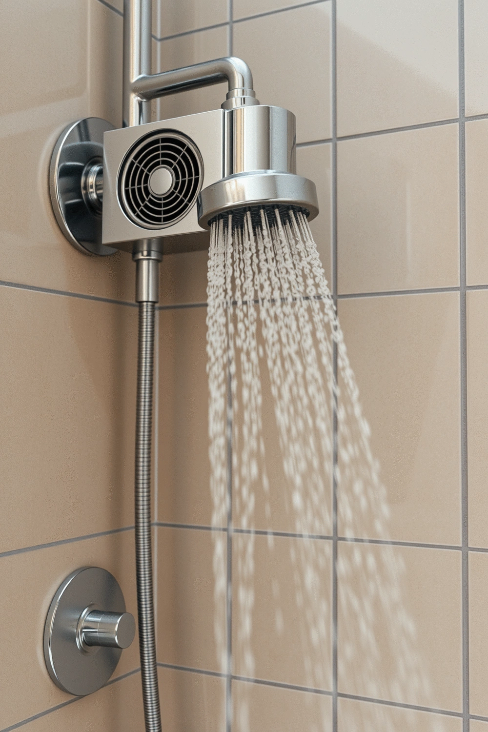 Close-up of a modern steam generator and steamhead installed in a tiled shower wall, with visible steam vapor, emphasizing proper ventilation.