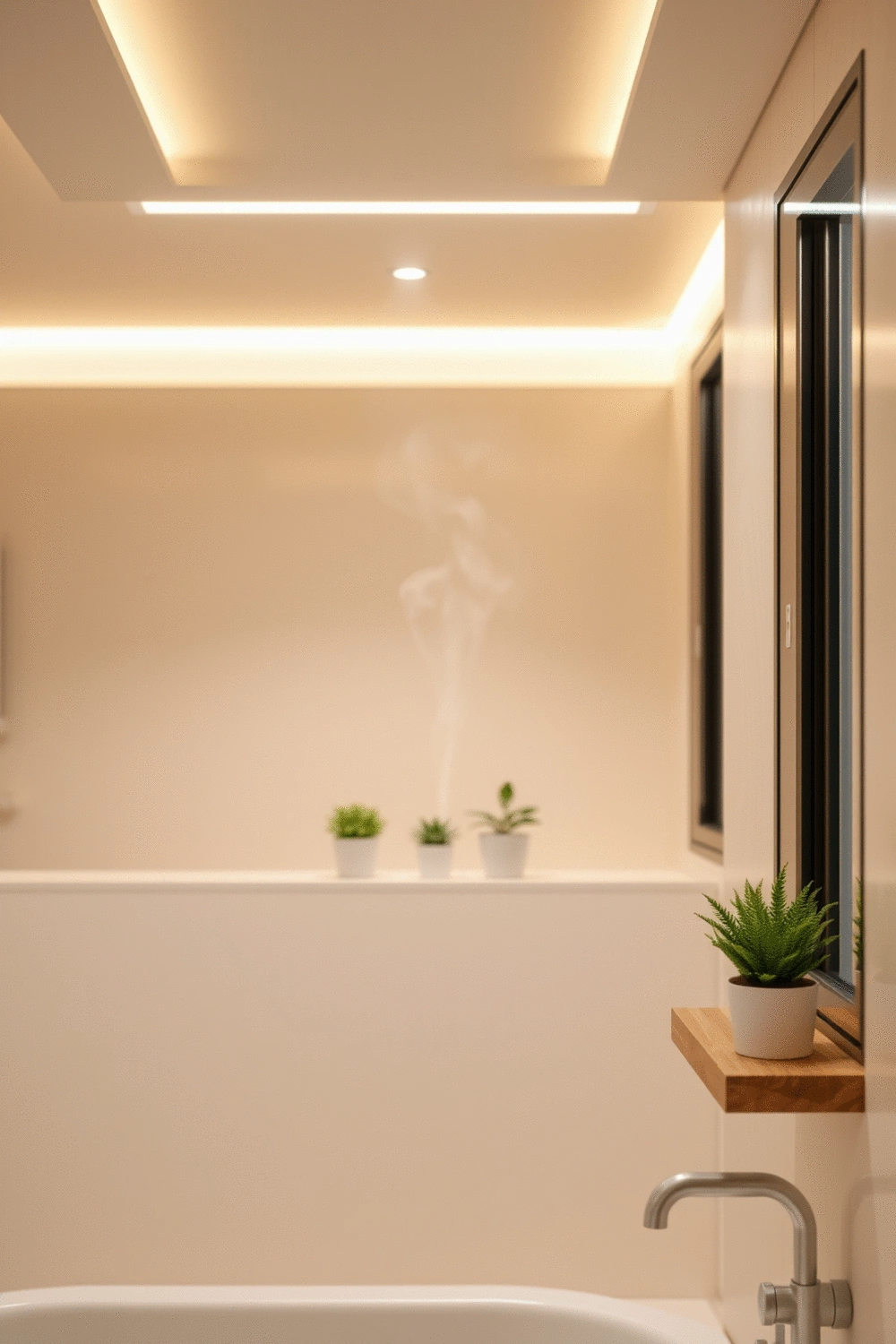 A tranquil bathroom setting with soft, warm lighting, an essential oil diffuser emitting a gentle mist, and a few small potted plants on a shelf.