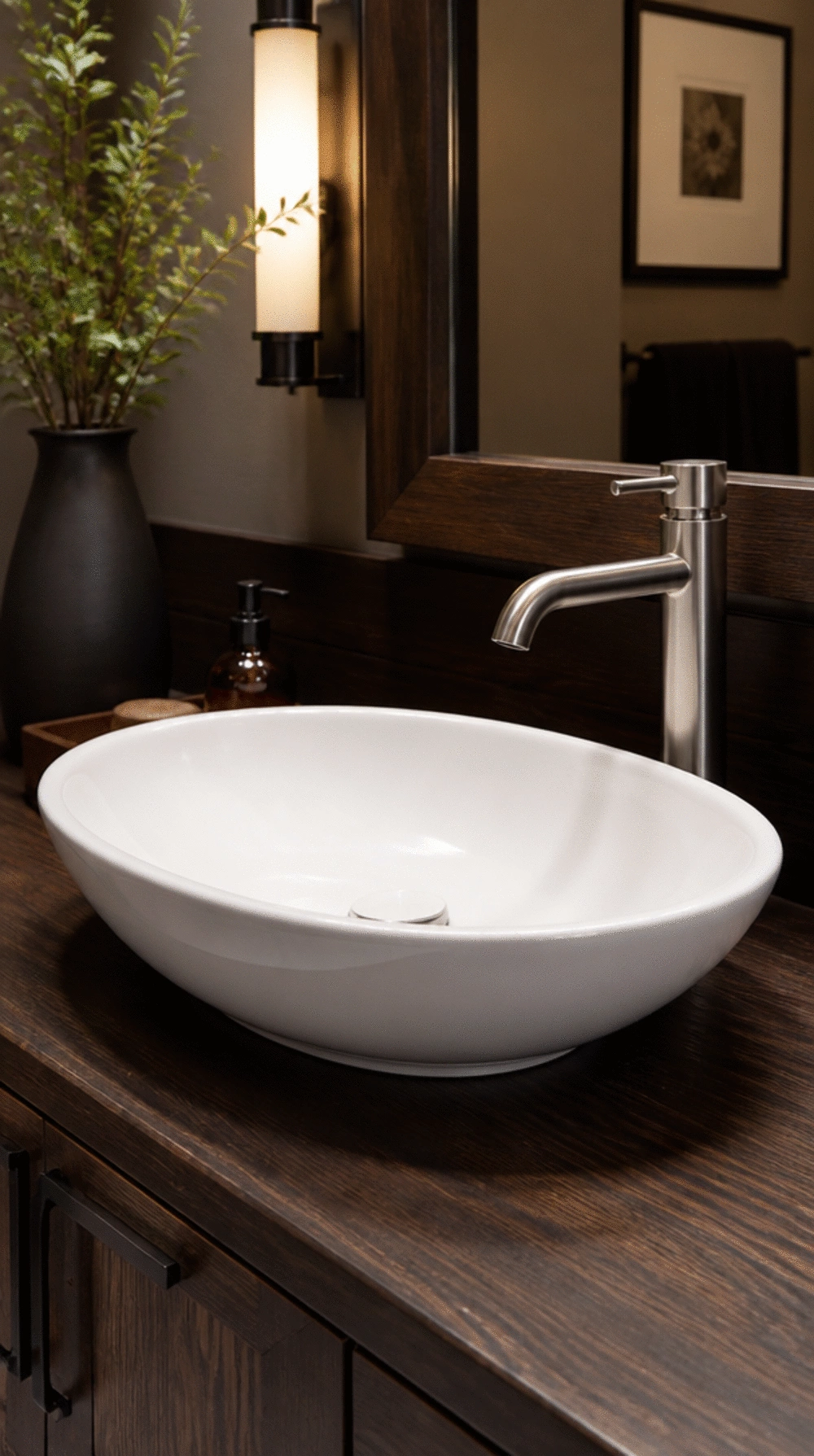 Bathroom Vessel Sink in Smooth White Ceramic Above a Dark Wood Vanity