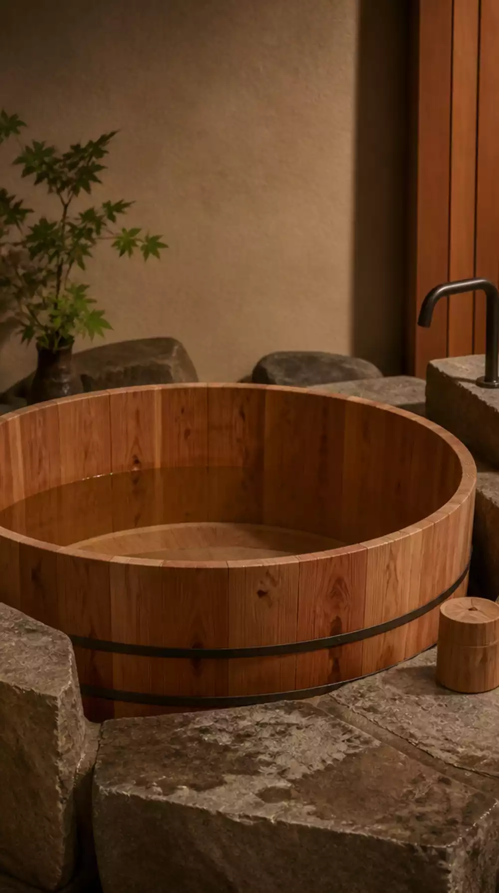 Japandi Bathroom Cedar Wood Soaking Tub Surround with a Stone Basin