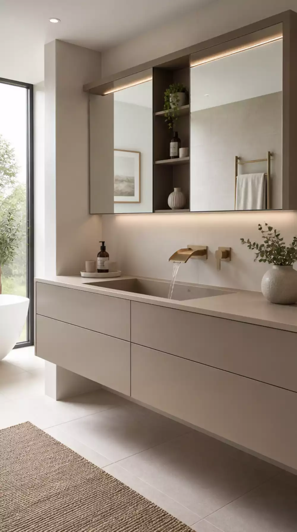 Contemporary Bathroom Integrated Vanity and Mirror Unit in Matte Taupe