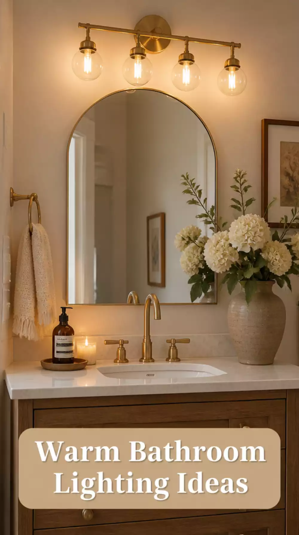 Bathroom Vanity Light Bar in Brushed Gold with Warm Globe Bulbs