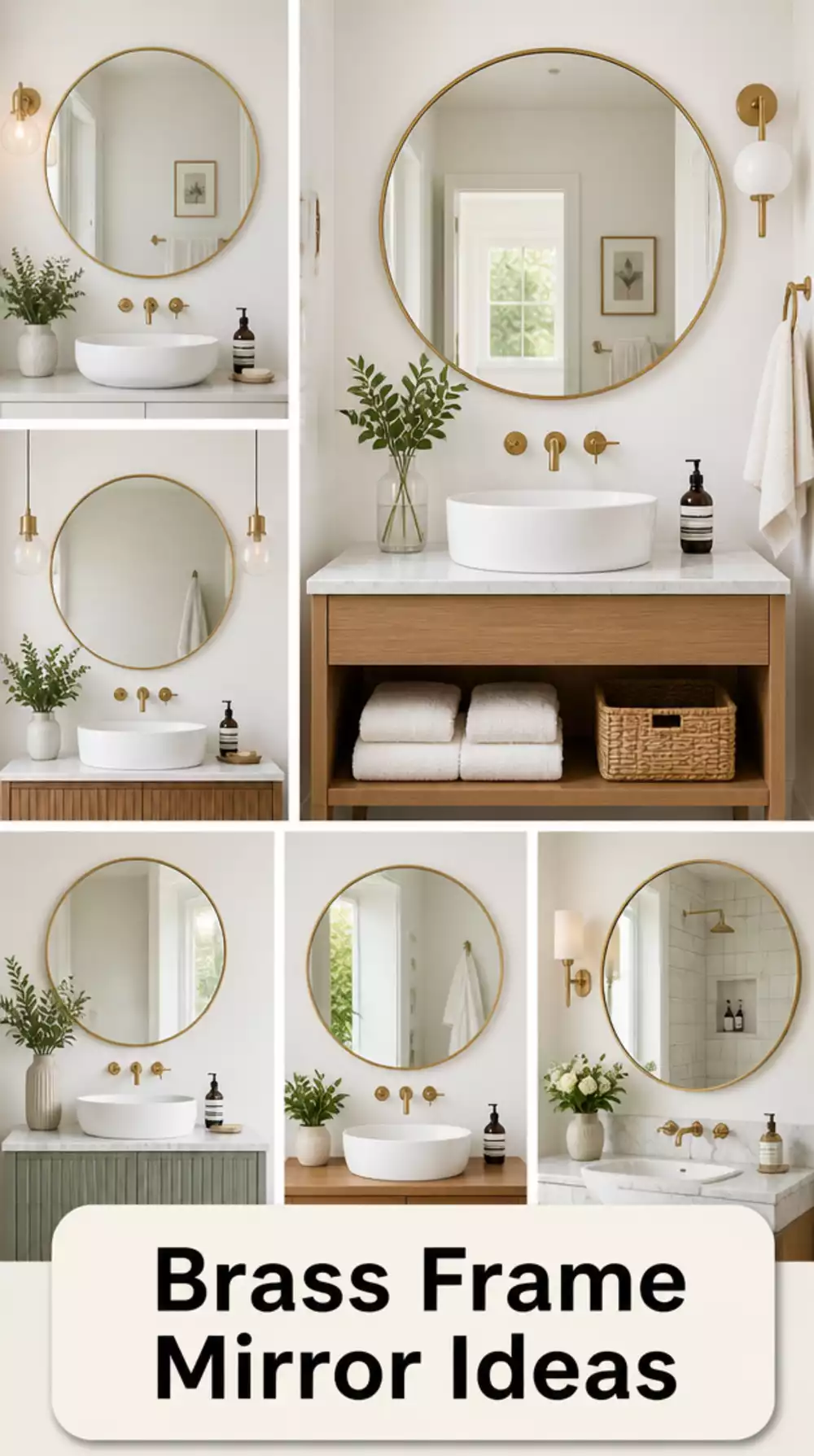 Bathroom Slim Brass Frame Round Mirror That Makes a White Wall Feel Warm