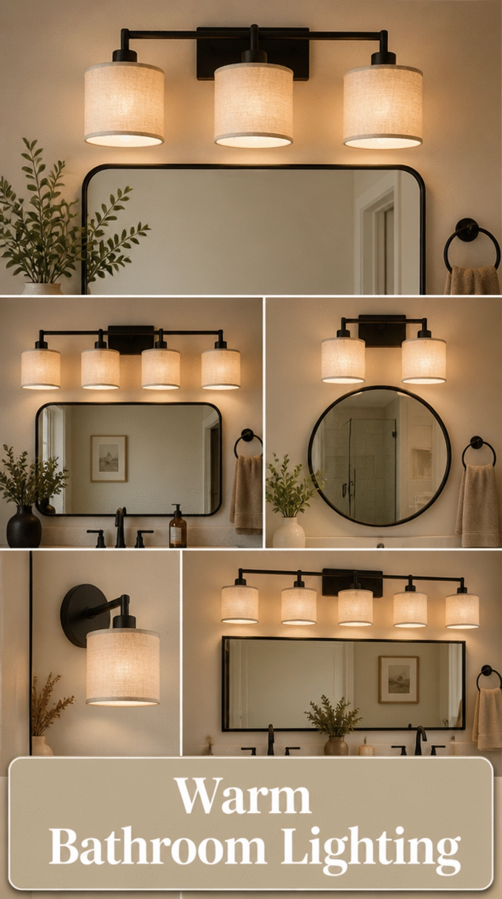 Bathroom Vanity Light in Matte Black with a Linen Drum Shade for Warmth