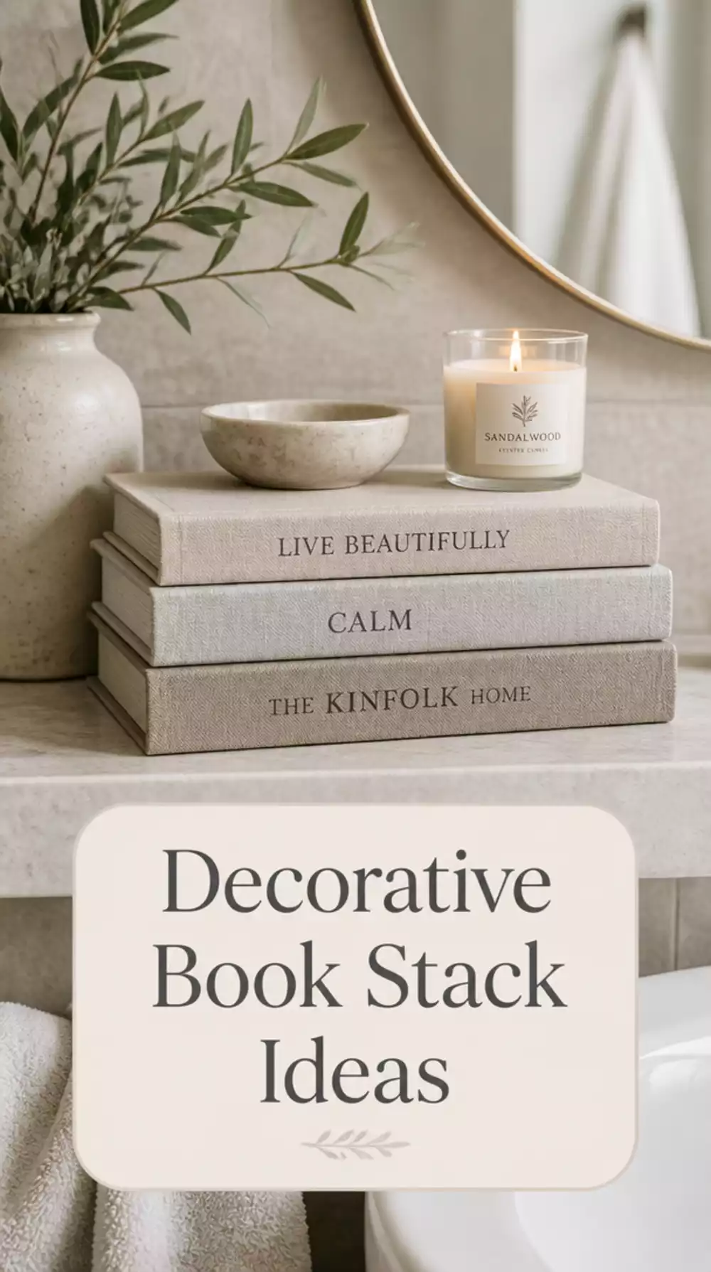 Bathroom Small Stack of Linen-Covered Books That Adds Height to a Shelf Vignette