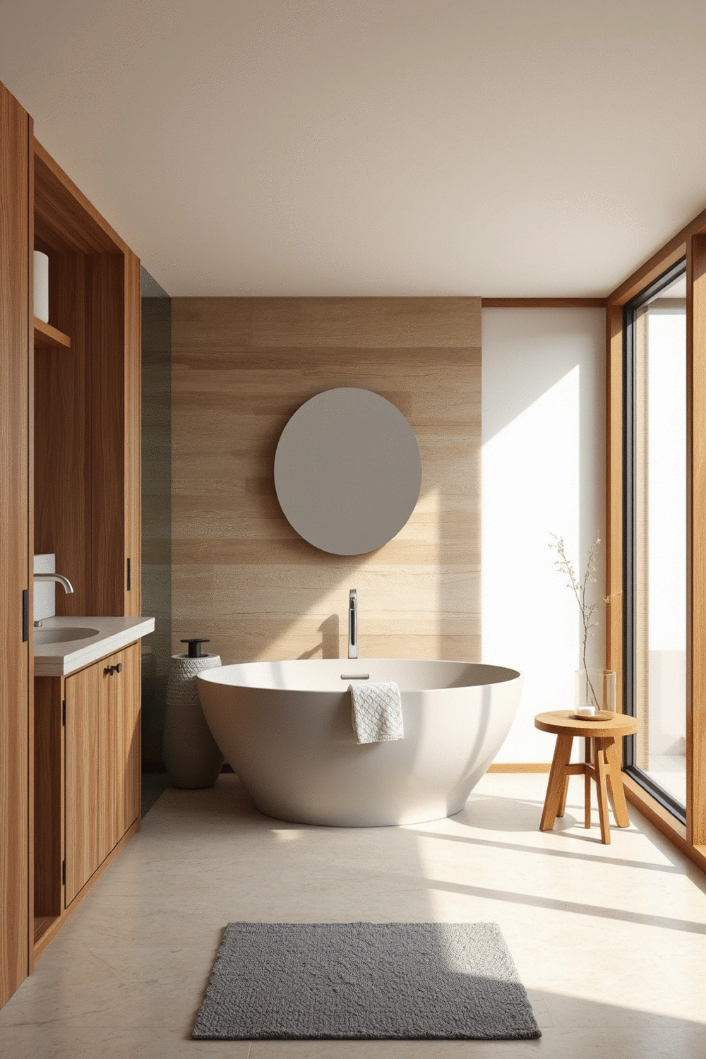 Bathroom interior with wooden accents and natural stone, soft lighting