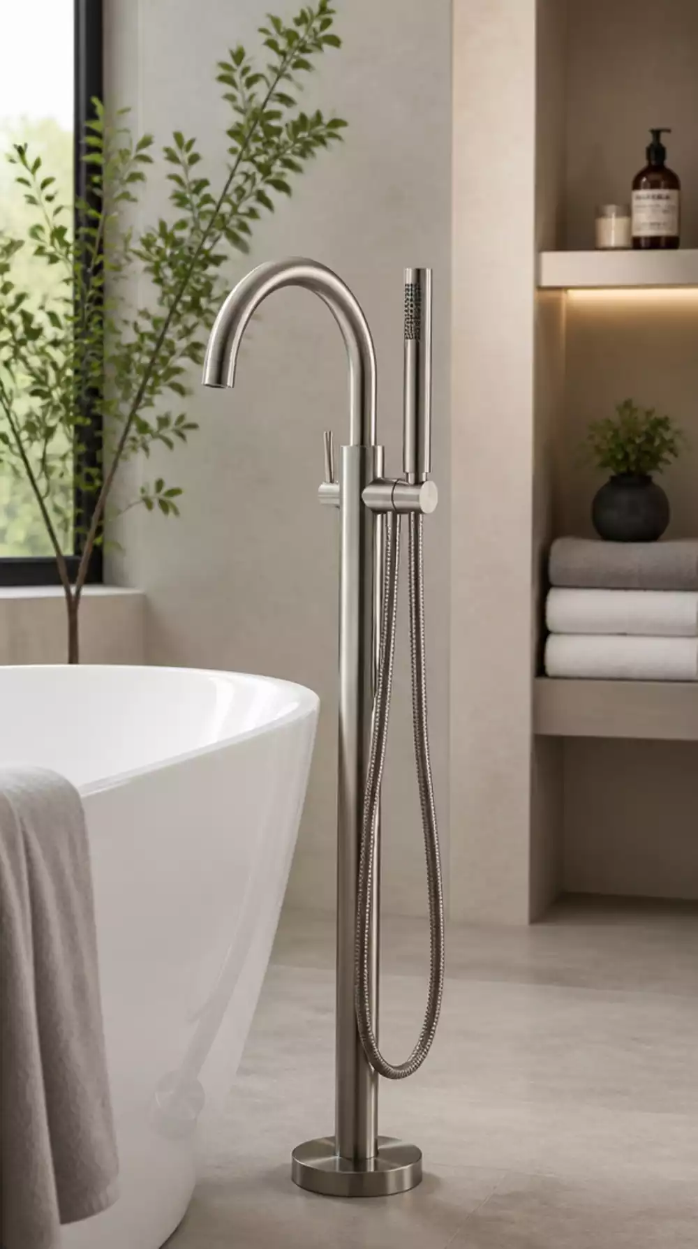 Matching Freestanding Tub and Shower Mixer in Brushed Nickel Finish