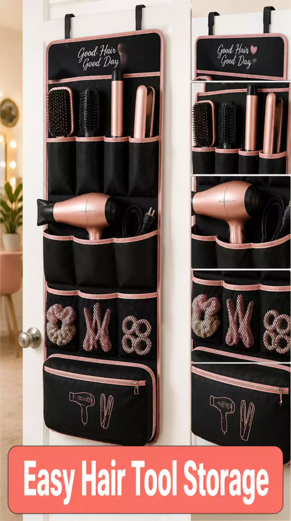 Bathroom Over-Door Hair Tool Organiser Bag That Holds Dryer, Wand, and Clips