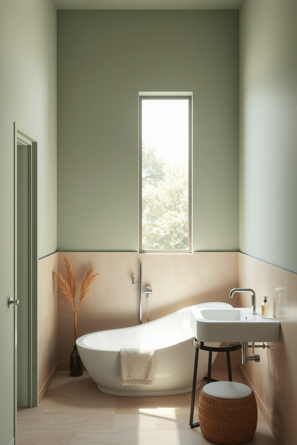 Bathroom interior with a soothing color palette of soft greens and sandy beiges, natural light, clean lines, and minimalist decor