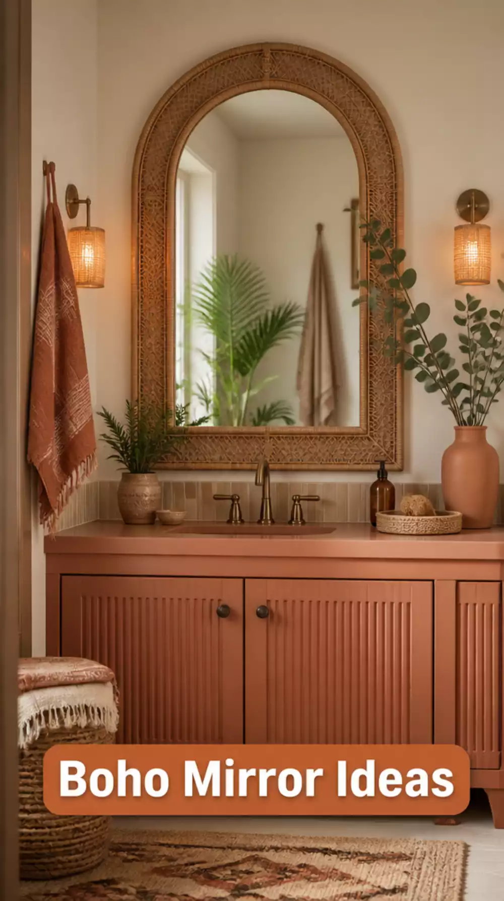 Rattan Arch Mirror Over Terracotta Vanity for Boho Bathroom