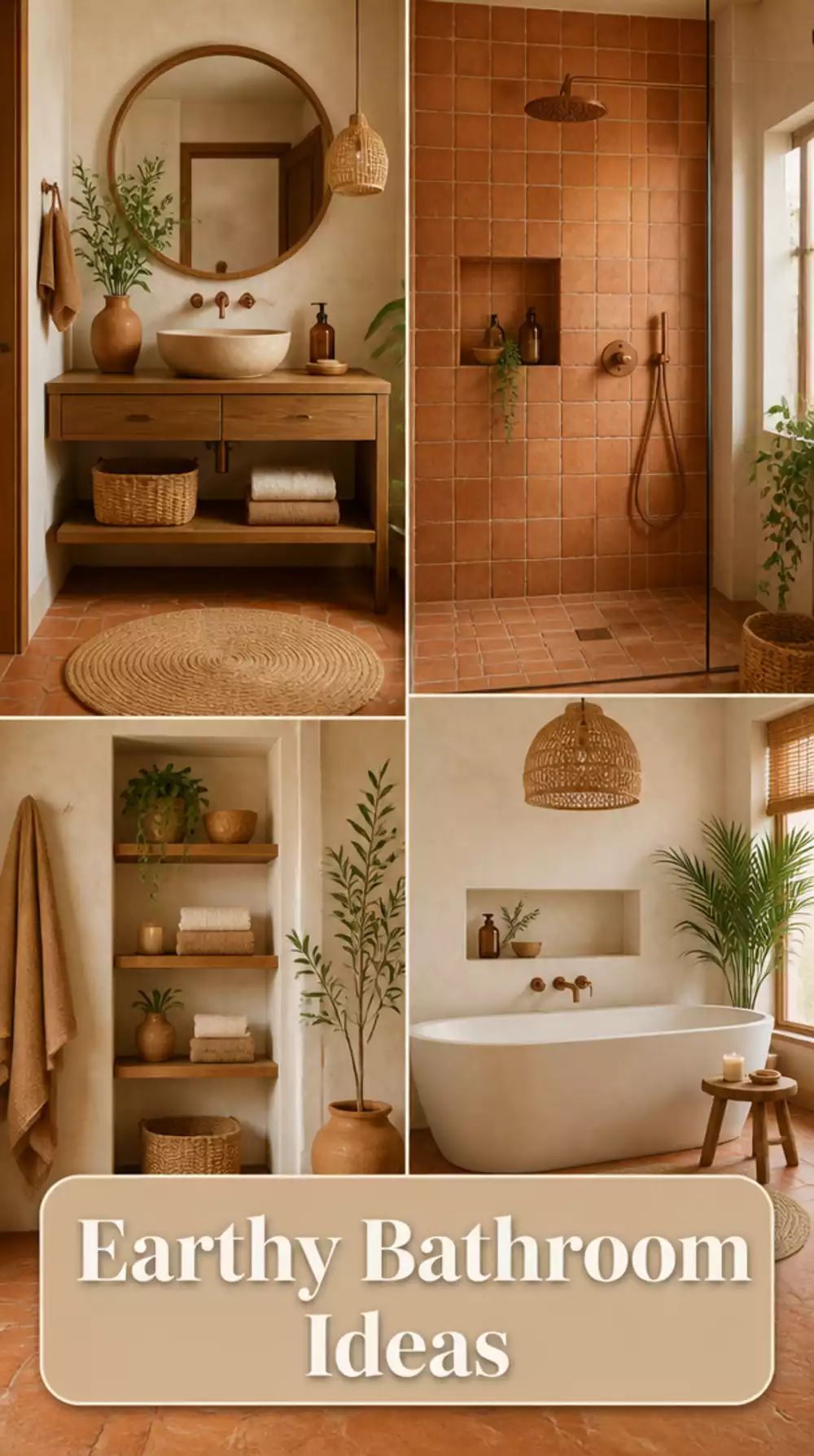 Earthy Bathroom Aesthetic in Terracotta- Rattan- and Matte Stone Tile
