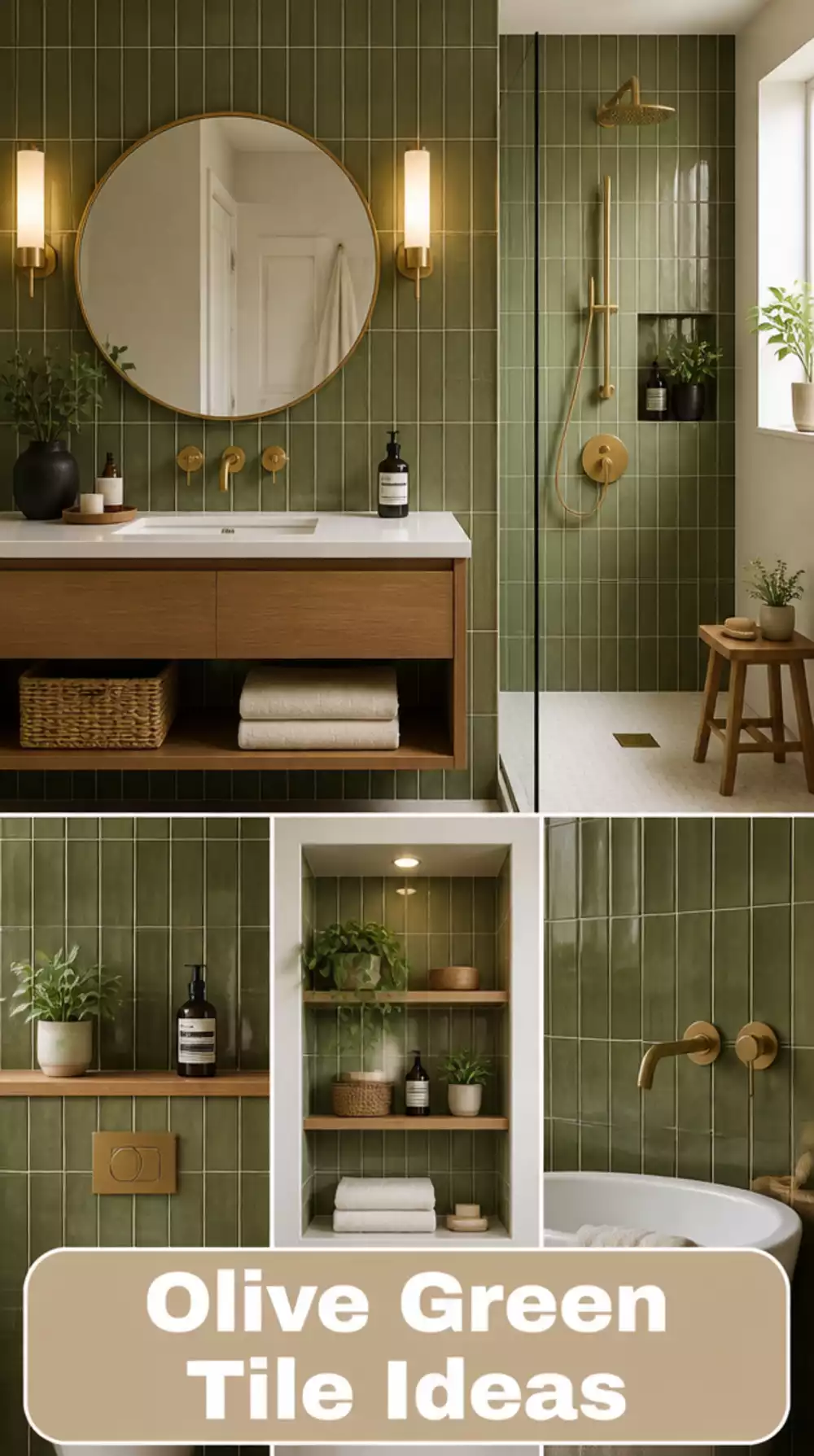 Olive Green Subway Tile Bathroom Wall in a Stacked Vertical Pattern