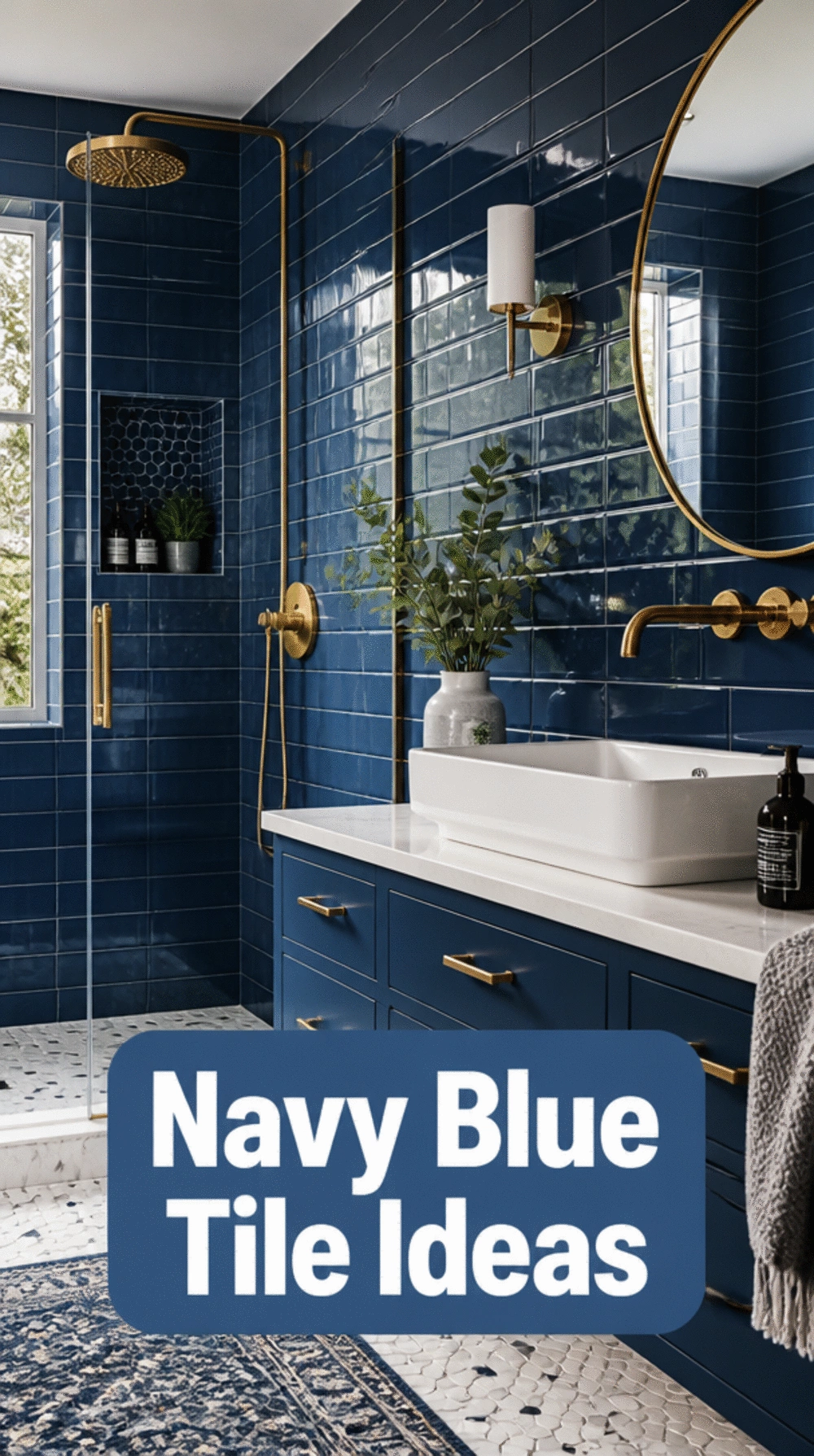 Bathroom Navy Blue Wall Tile That Pairs Perfectly with Brass Fixtures