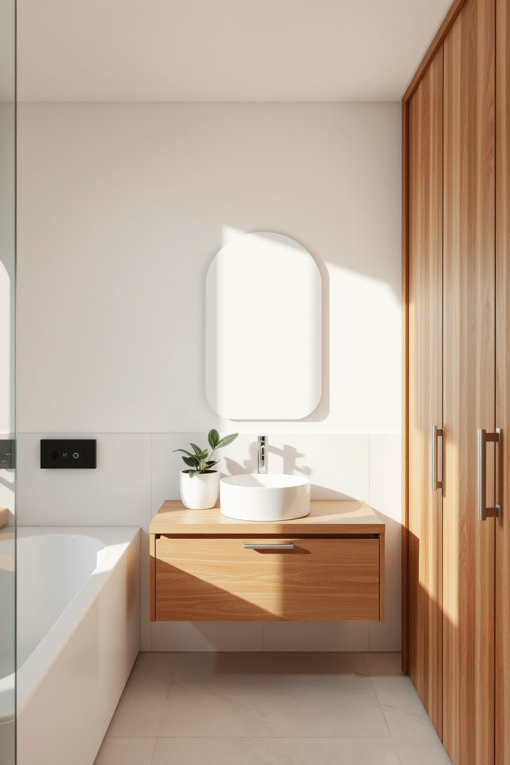 Minimalist bathroom with clean lines, natural wood vanity, and a single, elegant plant