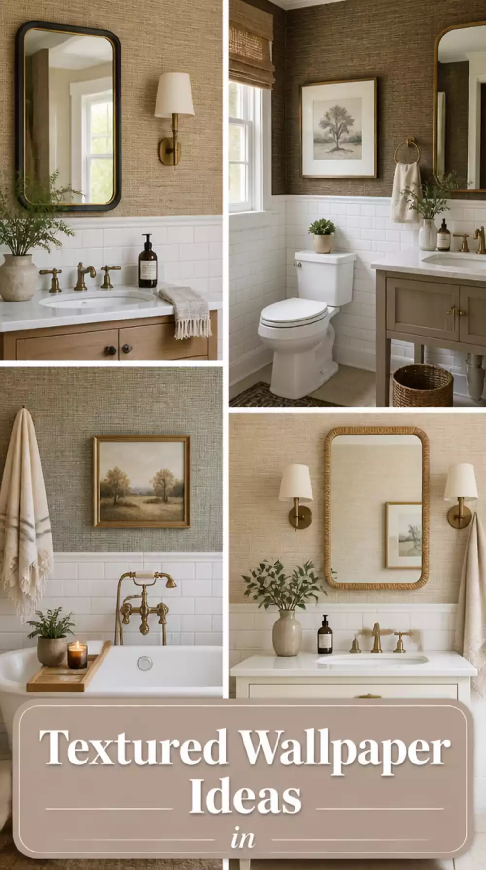 Bathroom Textured Grasscloth Wallpaper That Adds Warmth to a White Tile Room