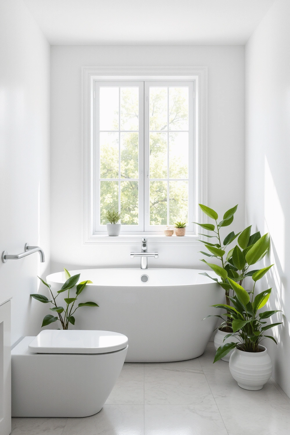 Bathroom with soft lighting, minimalist design, and lush green plants