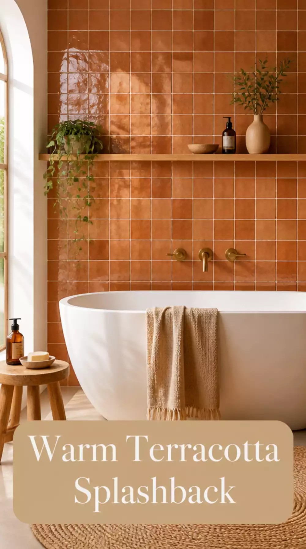 Bathroom Zellige Tile Splashback in Warm Terracotta Behind a Freestanding Tub